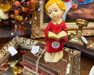 angel, MCM Hollywood Regency tray, vintage decorative book stack