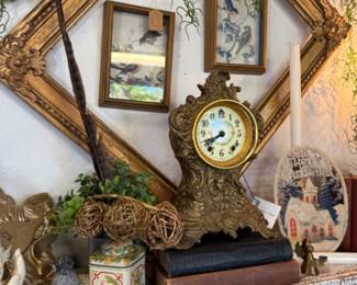 mantle clock, old frames, collectibles