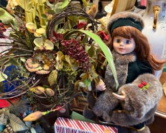 vintage doll in fur coat, flower arrangements