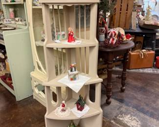 Solid wood antique corner shelf, shabbied painted ochre 