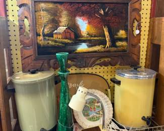 vintage coffee pots, beautiful carved framed art, decanter