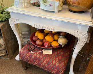 beautiful fabric foot stool, vintage table