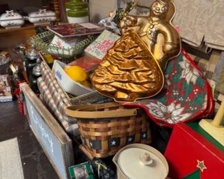 copper Christmas tree and Gingerbread man pans, vintage plastic pitcher