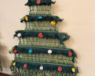 Vintage macrame knit yarn and dowel Christmas tree wall hanging