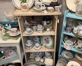 pretty vintage plates, tea cups and saucers, teapots