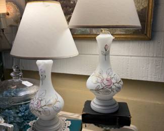Antique Porcelain lamps with hand painted pink rose motifs and white shades