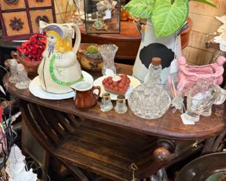 vintage pitcher, antique table, 