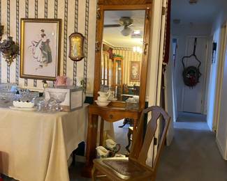 Hall tree, vintage rocker, vintage glassware and Crystal serving pieces. 
