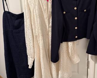 Left to right: Navy blue abercrombie romper, white sezane dress NEVER WORN, navy blue gold button detailed cardigan