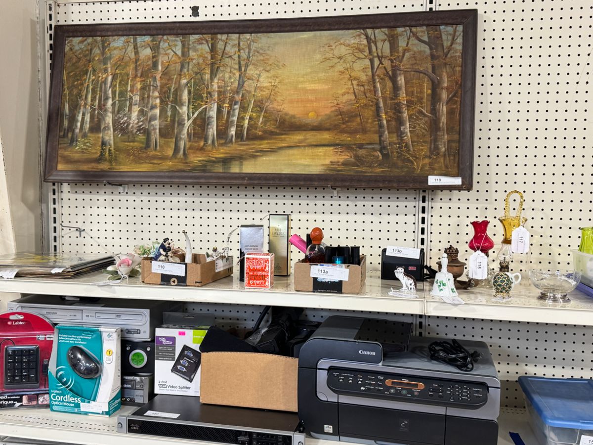 Antique painting, glassware, electronics