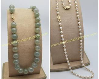 Vintage 14K Gold clasp Jade necklace & 14K pearl necklace & bracelet set 