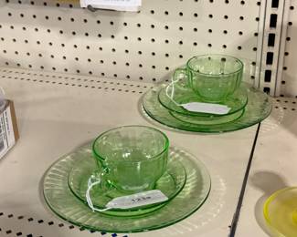 vintage Hazel Atlas Fruits vaseline glass salad plates, cups & saucers