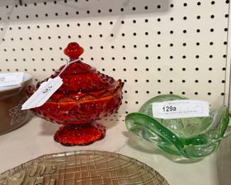 vintage Amberina glass cover dish and green bowl