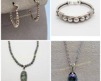 10K gold earrings, sterling bracelet, Jasper necklace, mystic topaz 