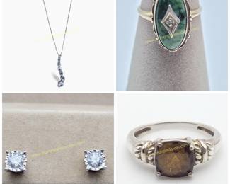 10K gold diamonds earrings and pendant, 10K gold jasper diamond ring, sterling ring