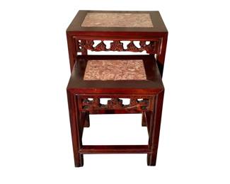 Carved Wood Nesting Tables with Marble Tops