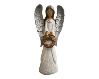 Hand-Carved Wooden Angel Sculpture with Silver Wings and Gold Wreath
