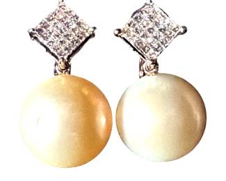 15mm South Sea Pearl & 1 ctw Diamond Drop Earrings, 18kt White Gold