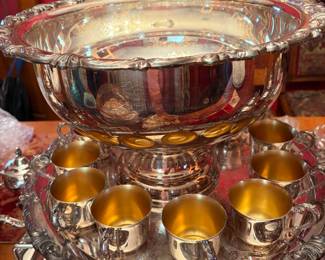 Silver plated Punch bowl, server tray, cups and ladle