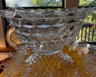 Rare Fostoria 18 inch punch bowl set with tips and ladle