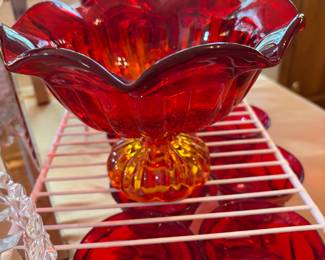 Vintage LE Smith Moon and Stars Amberina Pedestal Ruffled Compote