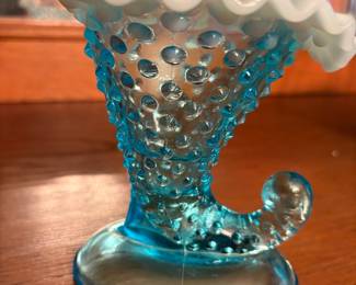 Fenton Opalescent Blue Hobnail Cornucopia 