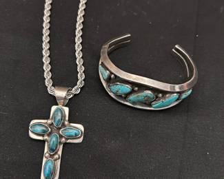 Vintage Turquois Sterling silver Cross pendant Signed by self taught Navajo Jewelry maker Aron Johnson. 1960's Silver and Turquoise cuff bracelet