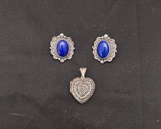 Vintage Sterling Marcasite Puffy Heart Locket pendant 925 & 925 and Blue Lapis earrings