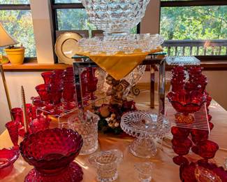 Beautiful Fostoria American, 18 inch punch bowl with ladle and cups