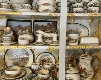 Spode "Hunt" Dishware set - Large inventory includes: Service for 8, Double handle soups w/ underplates, Covered Butter Dish, Expresso Cups w/ saucers, Butter pats, Candlesticks, Gray, Serving Pieces