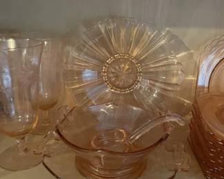 Pink Depression glass....dessert plates, Water goblets, Serving bowl w/ underplate & spoon, bon-bon dish