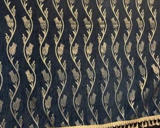 Beautiful "River of Tulips" finished brocade-like table cover.  60 x 72".  Navy Blue background w/ gold tulips and trim.