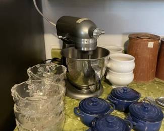 Up close Kitchen items - Kitchen Aid Mixer (small), Le Creuset Mini Round Cocotte's, Soup bowls, Salad bowls