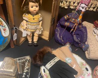 Antique Ginny Doll, mink cuff gloves, misc