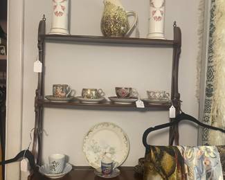 Wooden Wall Shelf; cup/saucer sets, Vases