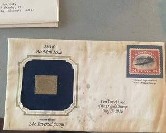 22k gold replica 1918 US 24 cent stamp.  "Inverted Jenny" airmail stamp.