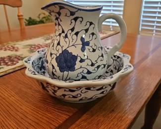 Vintage White and Blue Bowl and Pitcher