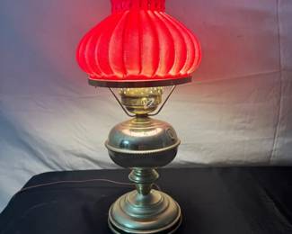 Aladdin Kerosene Lamp Converted With A Brass And A Red Fluted Glass Shade