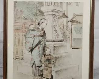 Original Korean Etching Print Mother and Children by Willy Seiler