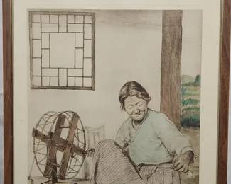 Original Korean Etching Print Korean Woman Spinning by Willy Seiler