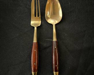 C2 - $20. Johny's Gems Teak & Brass Mid Century Flatware Set. 