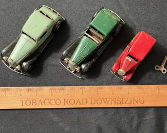 C71 - $40. Triang Minic Tin Wind Up Cars. Lot of 3 Automobiles and 1 Key. 