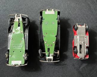 C71 - $40. Triang Minic Tin Wind Up Cars. Lot of 3 Automobiles and 1 Key. 