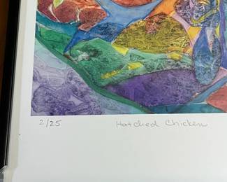 C89 - $25. Nancy L. Smith signed print. Needs new frame (or a handy person) #2/25. "Hatched Chicken"