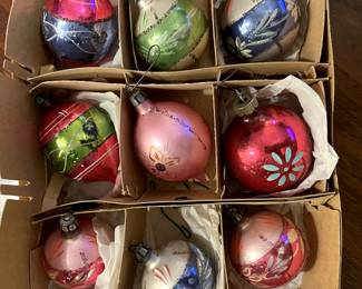 C111 - $85. Box of 12. European Hand Blown Hand Painted Fantasia Glass Ornaments. 
