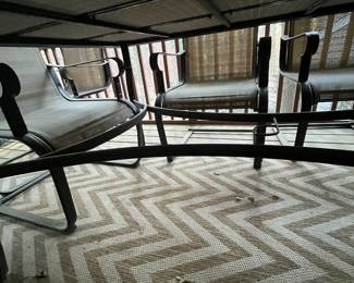 C93 - $150. Patio Table & Chairs. Needs a good bath but very sturdy! Table Measures 64.5" x 40" x 29.25" tall. Chairs are 22.5" wide x 39.5"tall. 