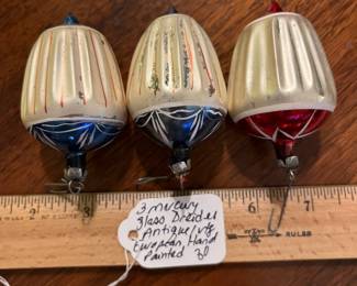 C106 - $30. 3 Antique European Mercury Glass Hand Painted Dreidel Ornaments.