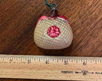 C108 - $20. Rare Antique European Hand Blown Hand Painted Glass Purse Ornament With A Red Flower.