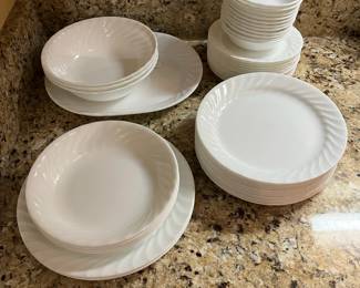 C4 - $125. Corelle Swirl Winter White. 50 Pcs. A few pieces have minor chips. 