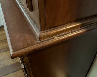 C15 - $95. Lighted China Display Cabinet. No name that we can find. Back paneling needs reattached and one latch needs a screw. Drawers all slide and doors open & close! Measures 57" wide x 82" tall x 17" deep bottom x 13" deep top. 